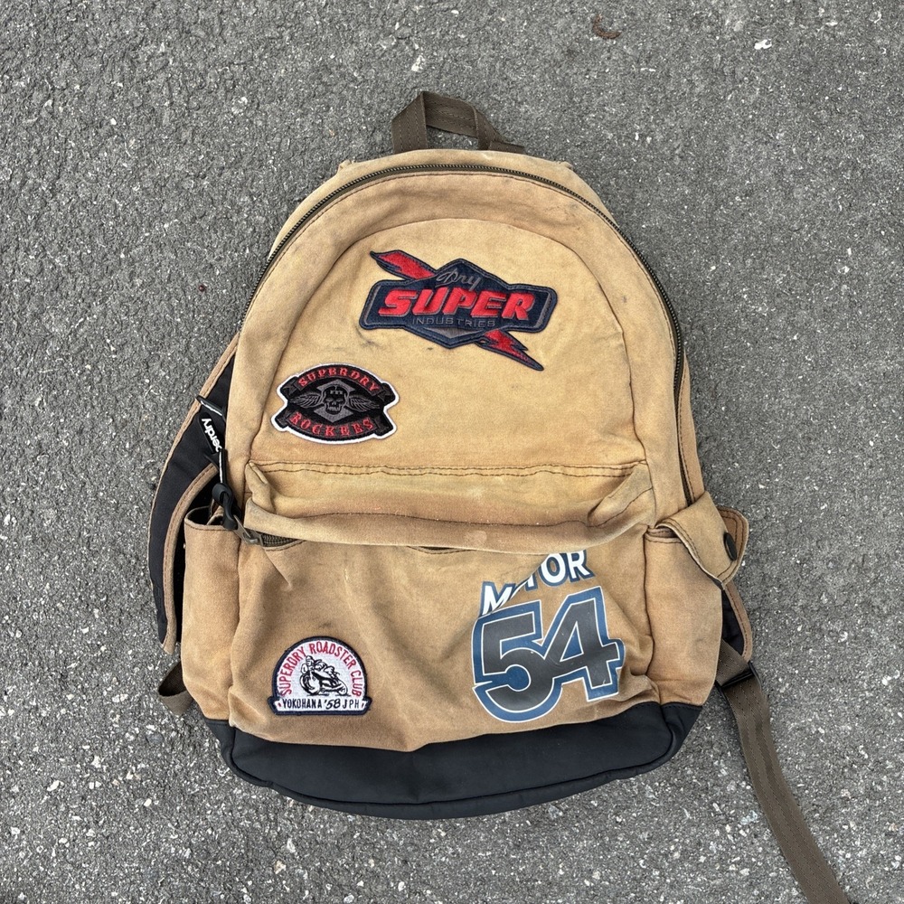 Superdry Small PATCHES Backpack Bag Brown "Motor 54" Bag! Rare!